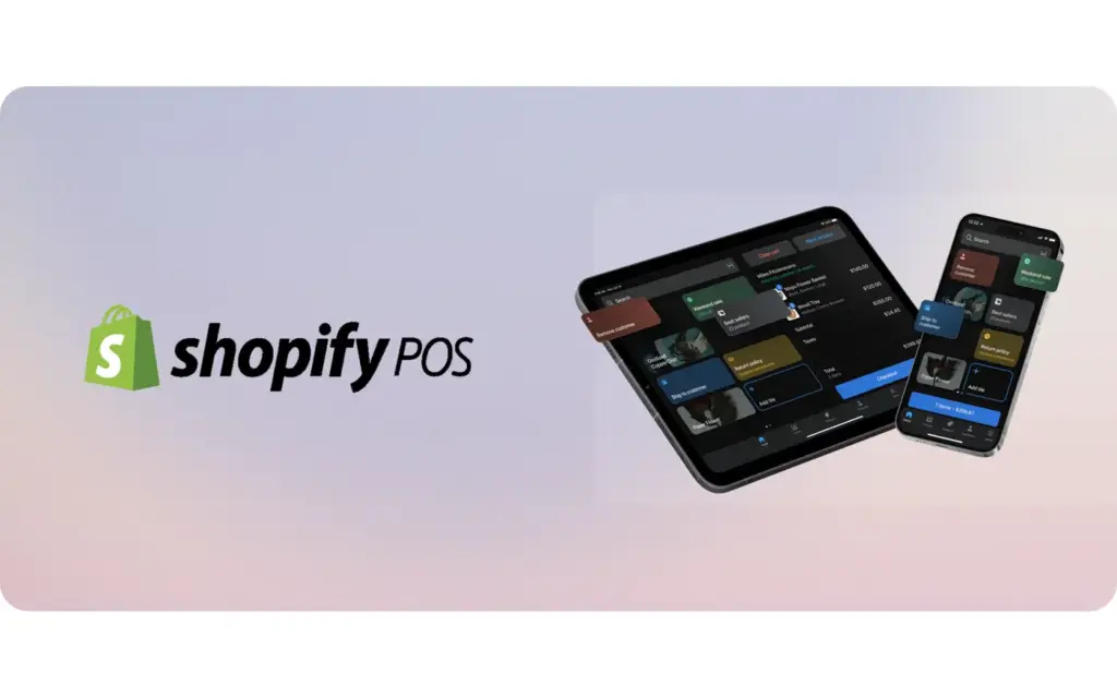 Shopify POS logo beside a tablet and a phone running the Shopify POS app with smart grid tiles
