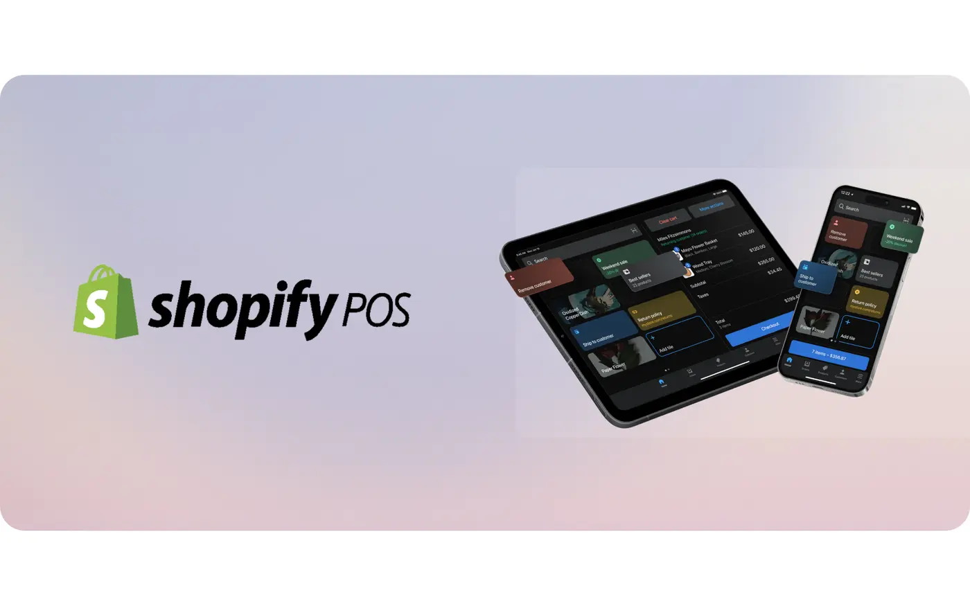 Shopify POS logo beside a tablet and a phone running the Shopify POS app with smart grid tiles