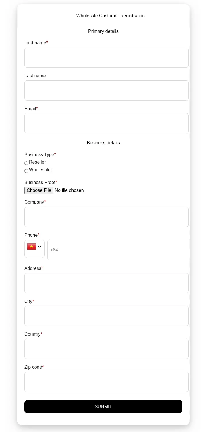 The Yellow Bells wholesale customer registration form with business type, business proof upload and address fields