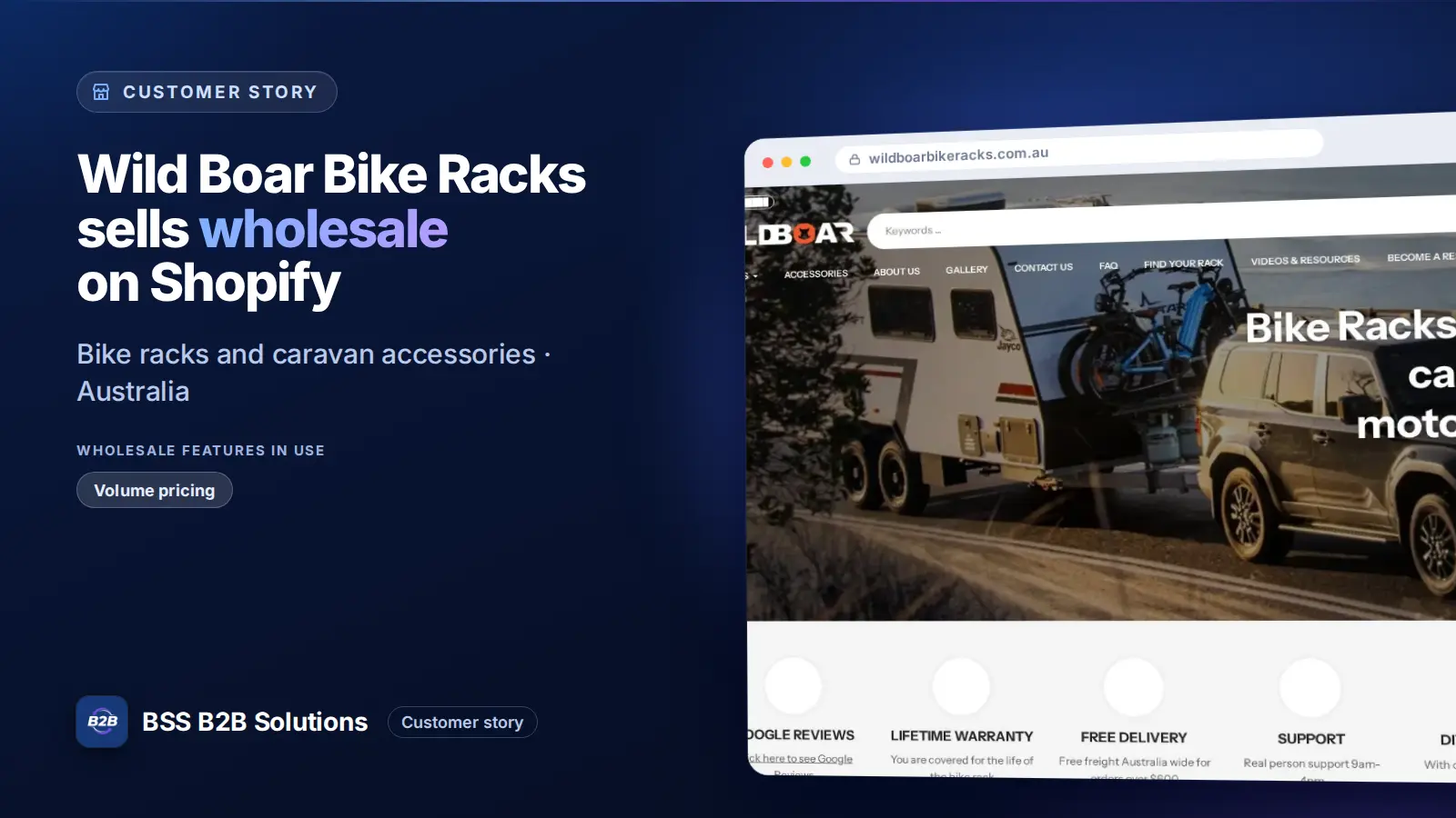 Browser window showing the merchant storefront, Wild Boar Bike Racks sells wholesale on Shopify. Cover for: Wild Boar Bike Racks: How an Australian Maker Signs Up Resellers on Shopify